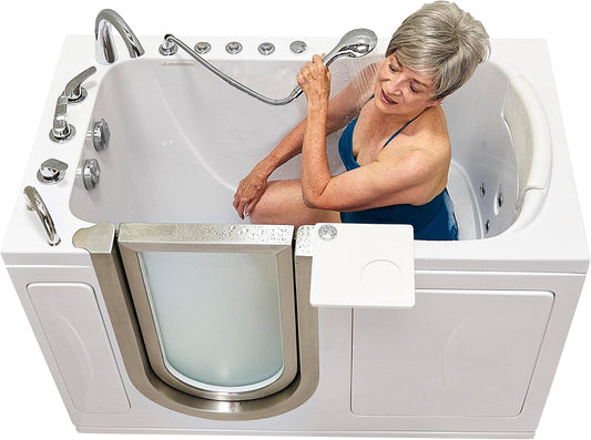 Ella Petite 28"x52" Acrylic Air and Hydro Massage Walk-In Bathtub with Left Inward Swing Door, 5 Piece Fast Fill Faucet, 2" Dual Drain