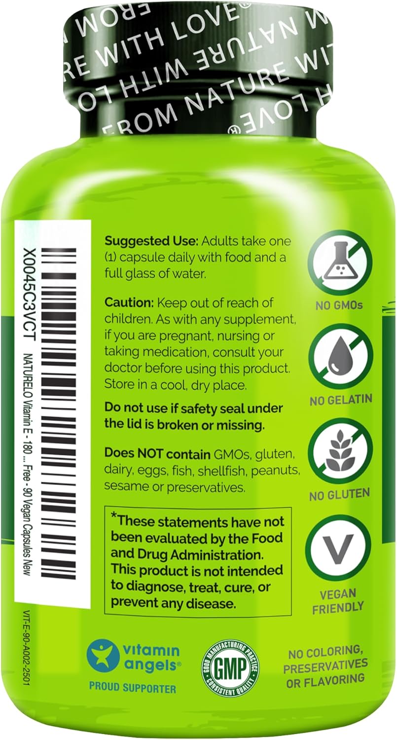 NATURELO Vitamin E - 180 mg (300 IU) of Natural Mixed Tocopherols from Organic Whole Foods - Supplement for Healthy Skin, Hair, Nails, Immune & Eye Health - Non-GMO, Soy Free - 90 Vegan Capsules