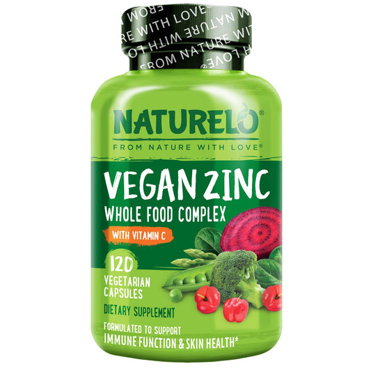 NATURELO Vegan Zinc Immune Support Capsules - Whole Food Complex with Vitamin C for Healthy Skin, Hair, and Nails - 120 Capsules