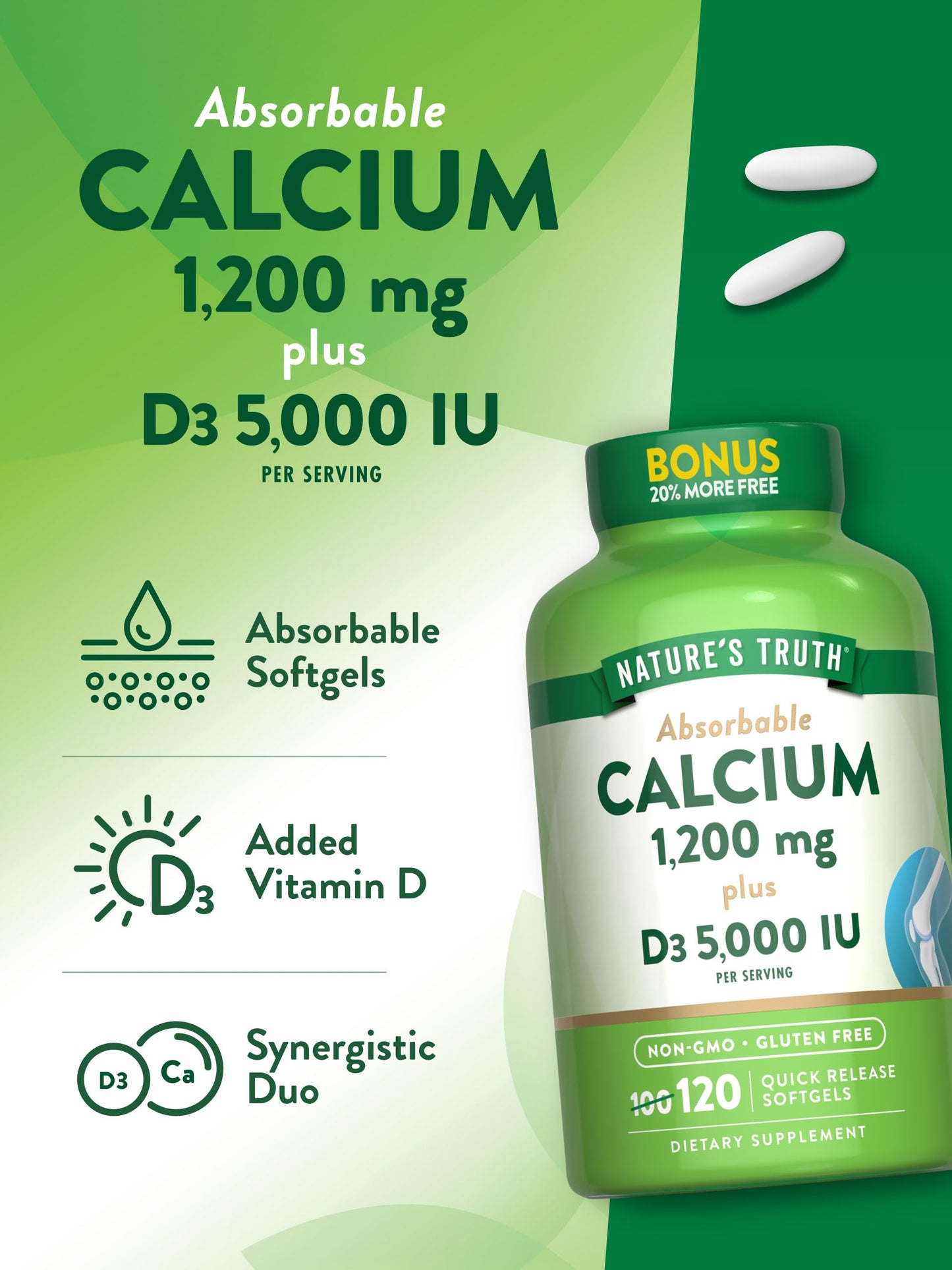 Nature's Truth Absorbable Calcium 1200 mg with Vitamin D3 5000 IU | 120 Softgels | Calcium Carbonate | Non-GMO & Gluten Free Supplement