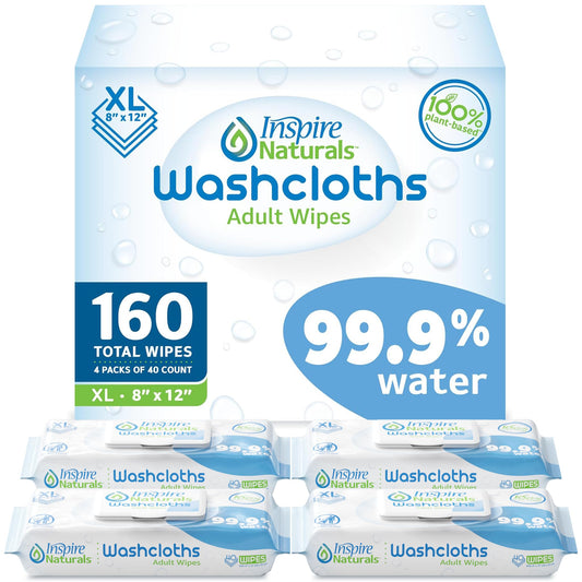 Inspire Naturals 99.9% Water Based Wet Wipes For Adults | Plastic Free Adult Wipe Extra Large Unscented | Disposable Washcloths For Elderly Incontinence, Bathing and Body (160 Ct)