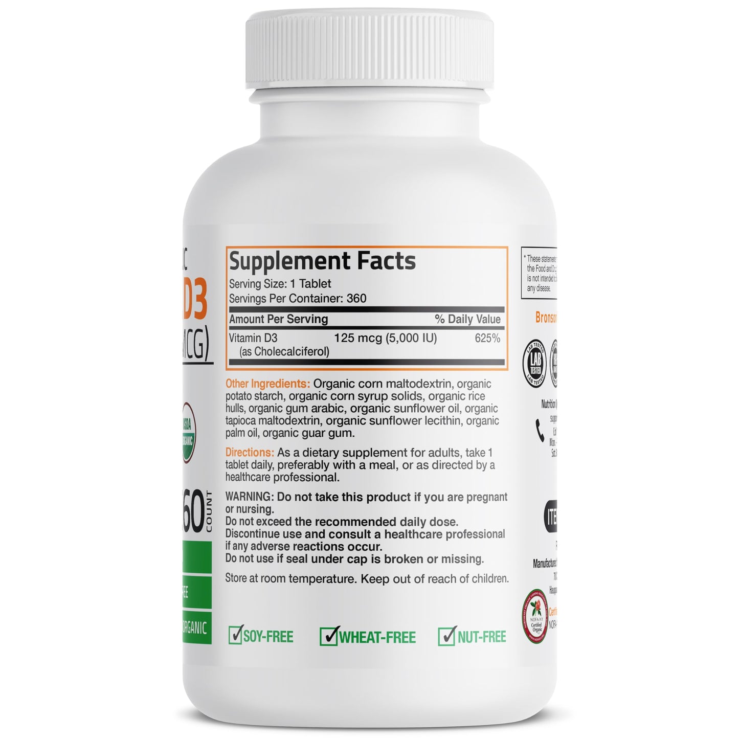 Bronson Vitamin D3 5,000 IU (1 Year Supply) for Immune Support, Healthy Muscle Function & Bone Health, High Potency Organic Non-GMO Vitamin D Supplement, 360 Tablets