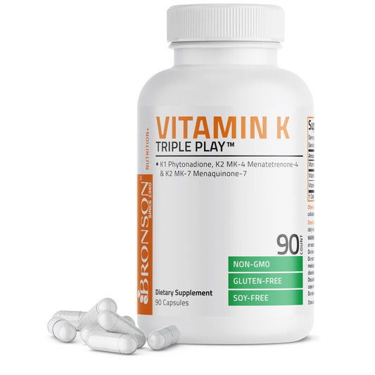 Vitamin K Triple Play (Vitamin K2 MK7 / Vitamin K2 MK4 / Vitamin K1) Full Spectrum Complex Vitamin K Supplement, 180 Capsules