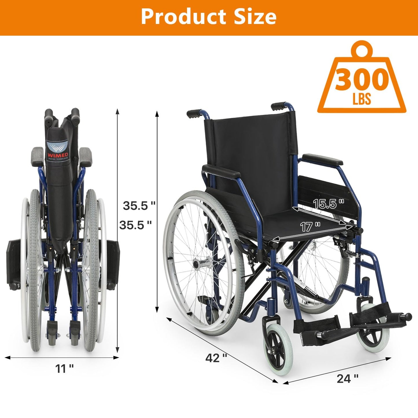 Wheelchair, Heavy Duty Folding Transport Wheelchair with Swing-Away Foot Rest and Removable Flip Back Armrests, 17" Wide Seat for Adults Seniors Easy Transfers, 300lbs, Red
