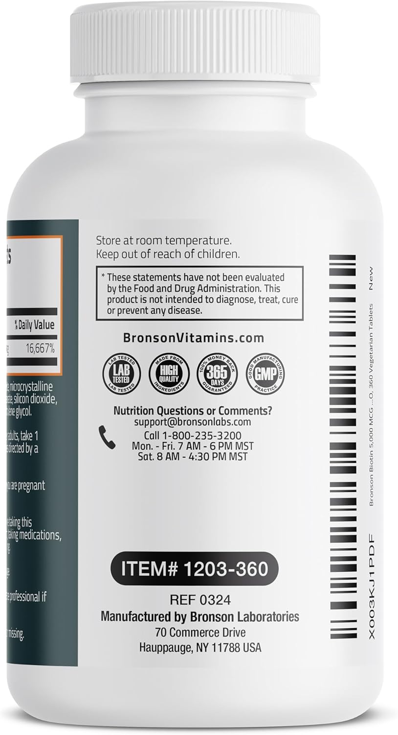Bronson Biotin 5,000 MCG Supports Healthy Hair, Skin & Nails & Energy Production - High Potency Beauty Support - Non-GMO, 360 Vegetarian Tablets
