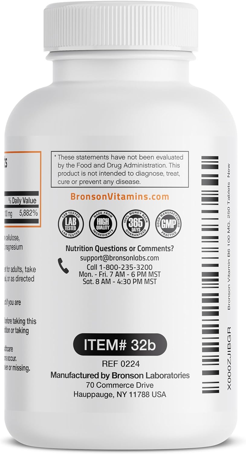 Bronson Vitamin B6 100mg Premium Vitamin B6 Supplement, 250 Tablets