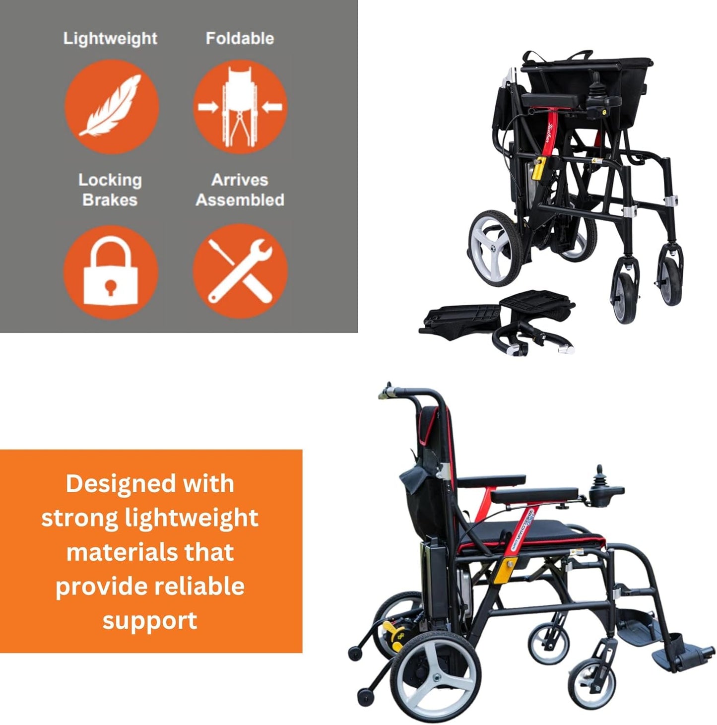 FeatherMobility - Black Lightweight Foldable Electric Power Wheelchair - Left Hand Joystick - 33lb Frame
