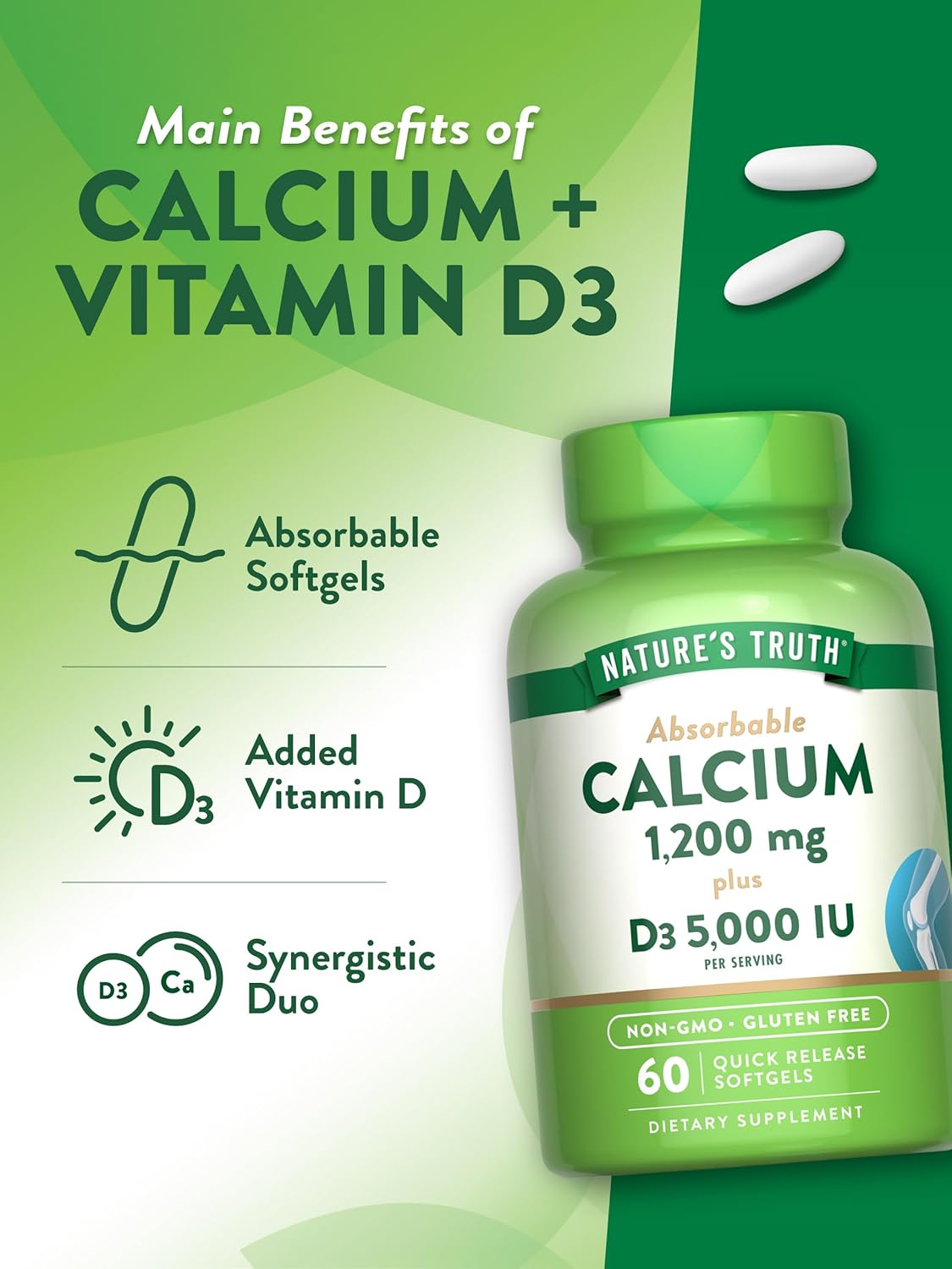 Nature's Truth Calcium 1200mg with Vitamin D3 5000 IU | 60 Softgels | from Calcium Carbonate | Non-GMO & Gluten Free Supplement