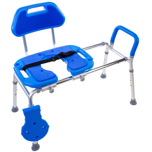 Platinum Health Sliding Shower Chair HydroGlyde Premium Heavy Duty, Padded Bathtub Transfer Bench with Cut Out Seat, for Bath Tub, Adjustable Legs, and Safety Belt, Quick Tool-Less Assembly, Blue