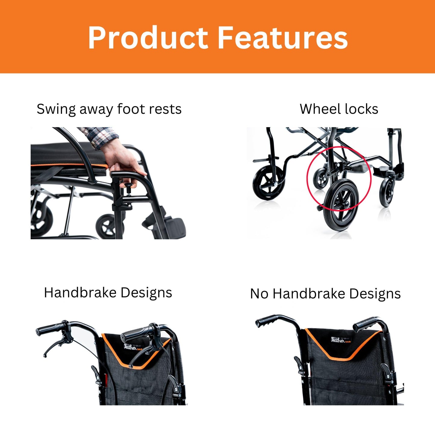 Feather Mobility - 13lb Frame - Black Lightweight Folding Transport Chair - Without Handbrakes - 300 lb Capacity