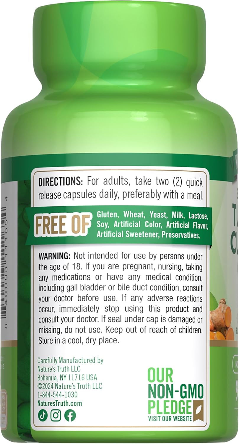Nature's Truth Turmeric Curcumin Capsules | 2000mg | 90 Count | with 95% Standardized Curcuminoids and Bioperine | Non-GMO and Gluten Free Supplement