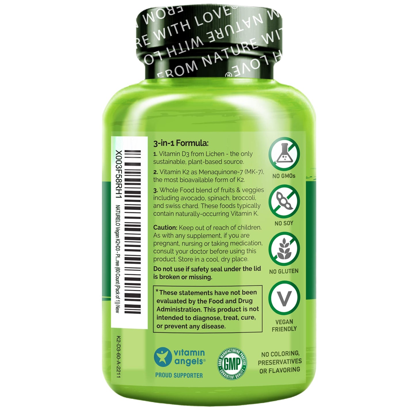 NATURELO Vitamin D3 K2 - Vegan K2+D3 with Plant Based D3 from Lichen - Natural D3 Supplement for Immune System, Bone Support, Heart Health - Whole Food - Non-GMO - Gluten Free, 60 Capsules