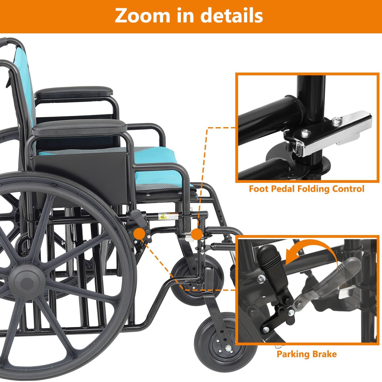 Self-Propelled Wheelchair, Extra Wide Folding Transport Bariatric Wheelhair with Swing-Away Foot Rest and Removable Flip Back Armrests, 24" Wide Seat for Adults Seniors Transfers, 500lbs, Blue