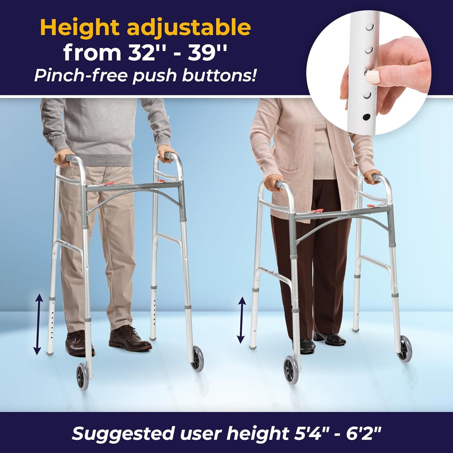 Drive Medical 10210-1 2-Button Folding Walker with Wheels – Lightweight, Adjustable & Reliable Mobility Aid