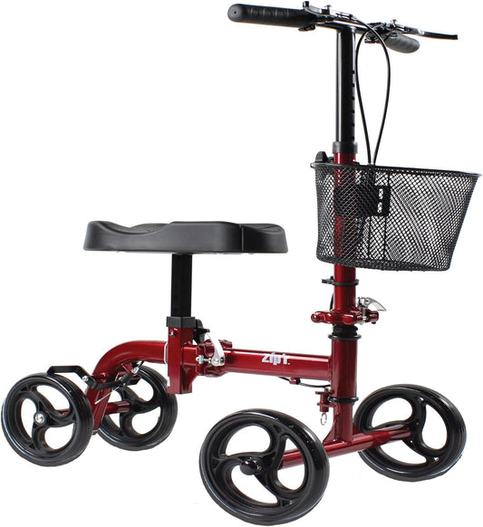 Zipr Pathfinder Folding Knee Scooter - Height Adjustable Knee Scooter - Medical Knee Scooter for Broken Foot & Ankle - Knee Walker with Removable Basket - Ambidextrous Dual Braking Knee Crutch