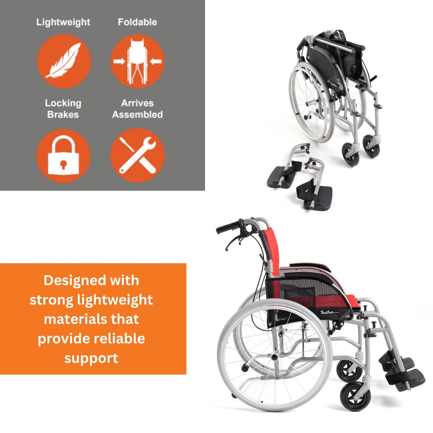 Feather Mobility - Red Cushion 13.5lb Silver Frame Lightweight Folding Wheelchair - Seat Width 18" with Swingaway Legrests, Anti-tippers, and Quick Release Wheels