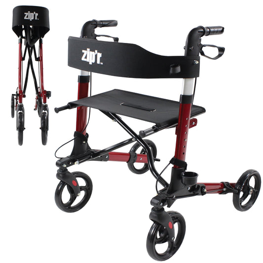 Zip'r Rambler Walker With Seat - Sturdy Rollator for Seniors, Lightweight 4 Wheel Walker, 300 lbs Max Weight, Folding, Red