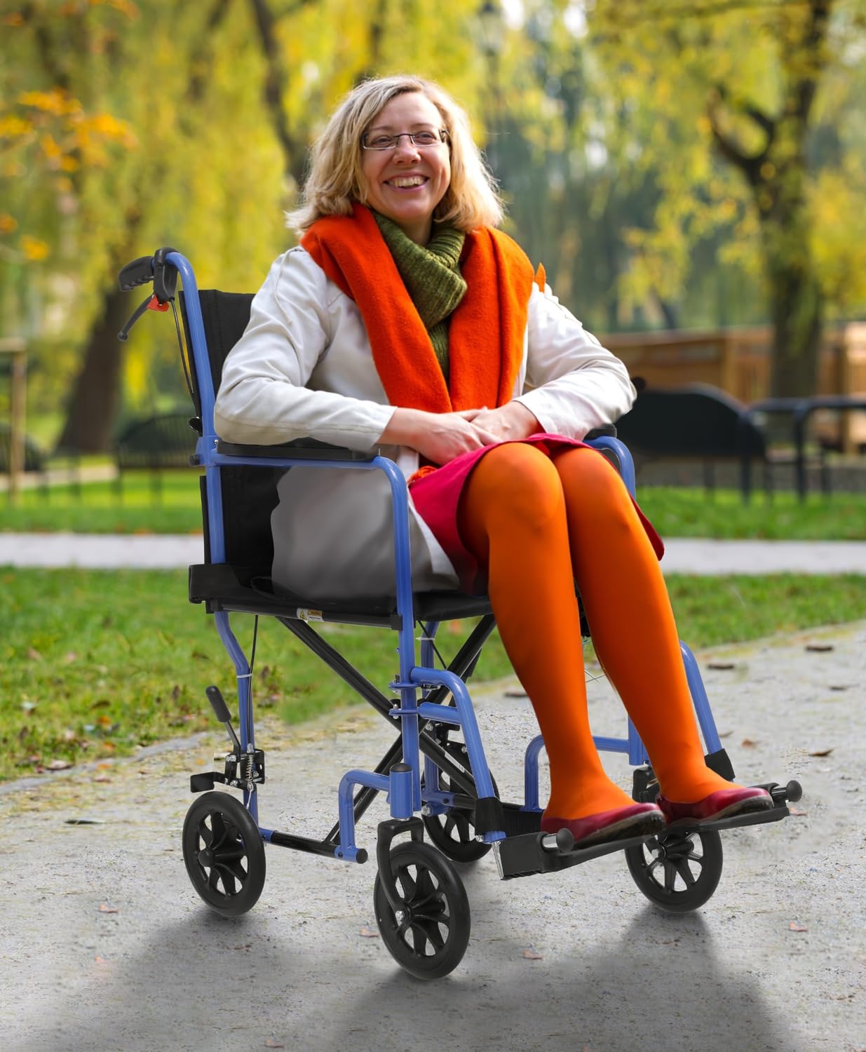 Lightweight Foldable Transport Wheelchair with Handbrakes, 16" Wide Seat for Adults Seniors Easy Transfers, 250lbs, Blue