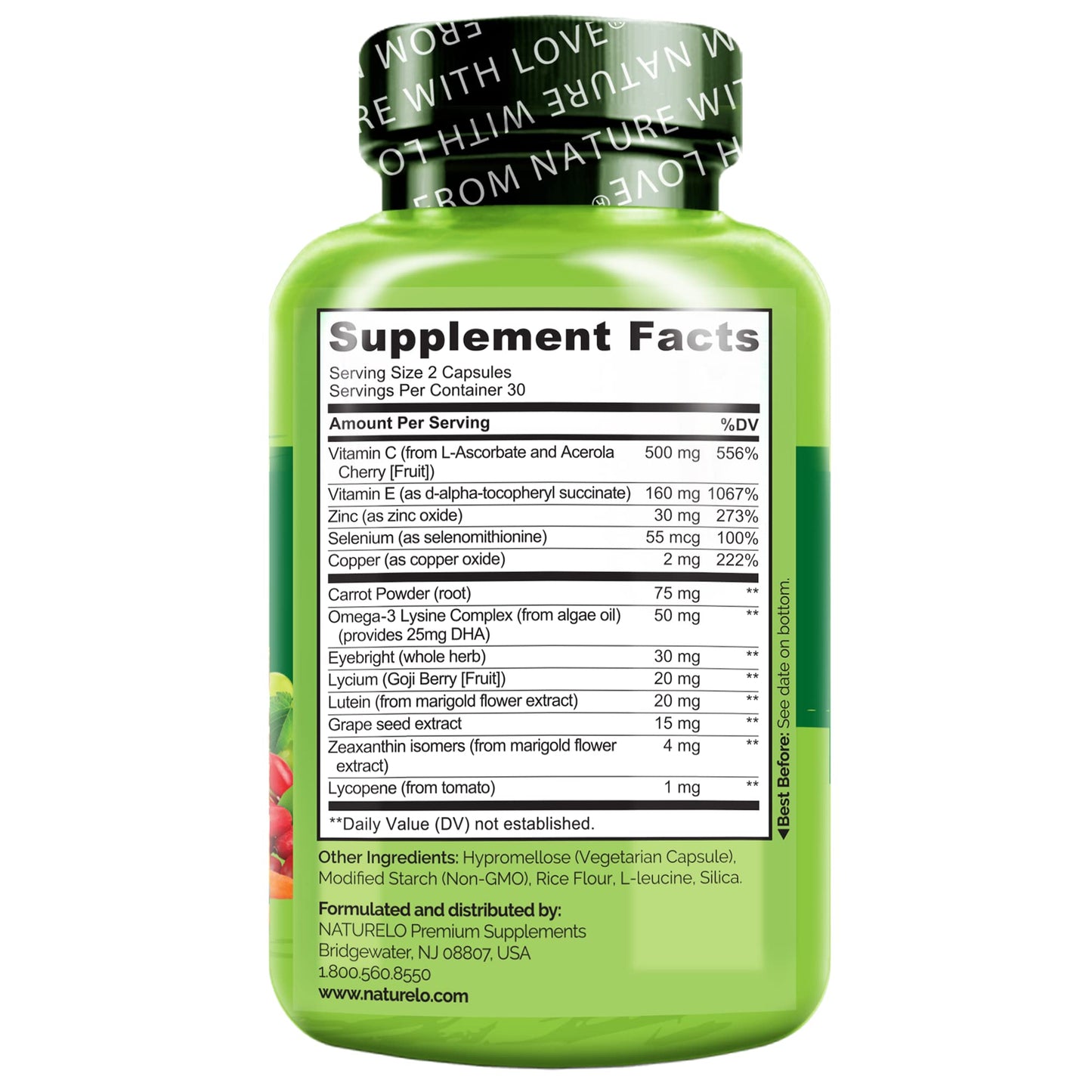 NATURELO Eye Vitamins - AREDS 2 Formula Nutrients with Lutein, Zeaxanthin, Vitamin C, E, Zinc, Plus DHA - Supplement for Dry Eyes, Healthy Vision, Eye Support - 60 Vegan Capsules