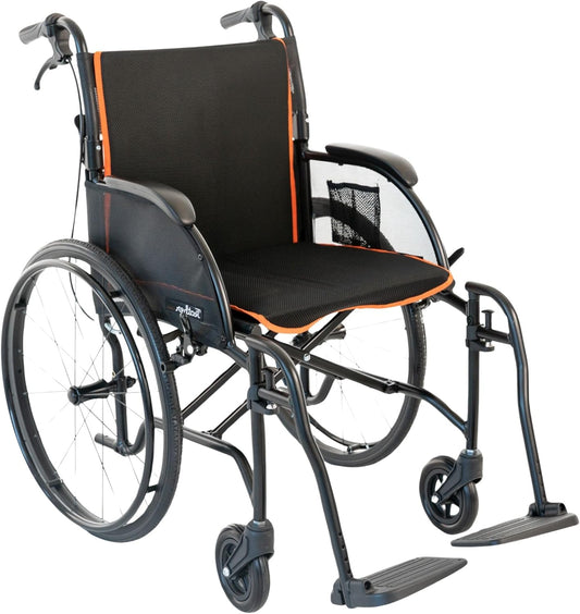 FeatherMobility - 13.5lb Frame - Black Cushion Black Frame Lightweight Folding Wheelchair - with Swingaway Legrests, Anti-tippers, and Quick Release Wheels