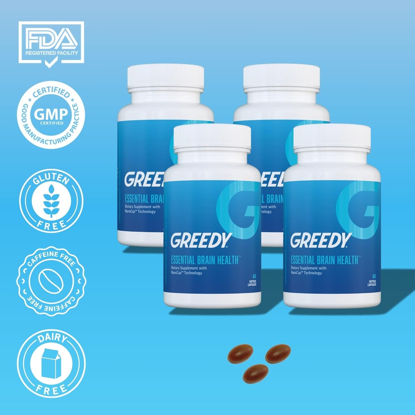 Greedy® Essential Brain Health™ – Nanotechnology Brain Supplement Supports Mental Alertness, Memory, Focus & Concentration. NanoCap® with Bacopa, Ginkgo, Phosphatidylserine, B Vitamins – 60 Softgels