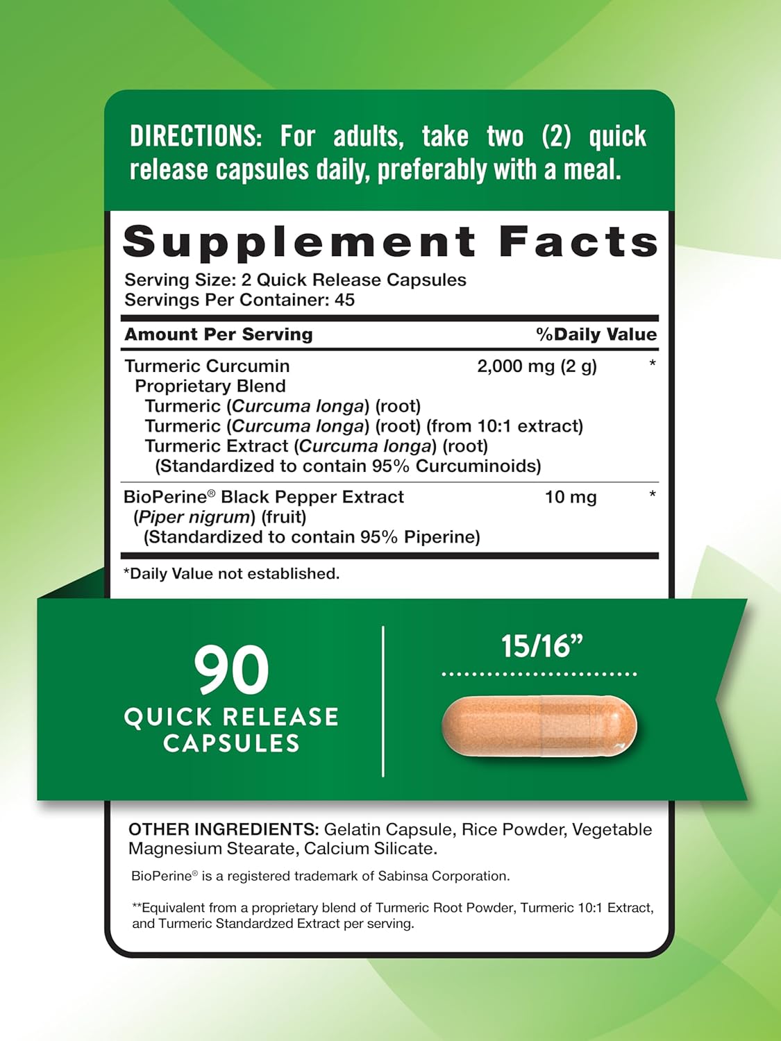 Nature's Truth Turmeric Curcumin Capsules | 2000mg | 90 Count | with 95% Standardized Curcuminoids and Bioperine | Non-GMO and Gluten Free Supplement