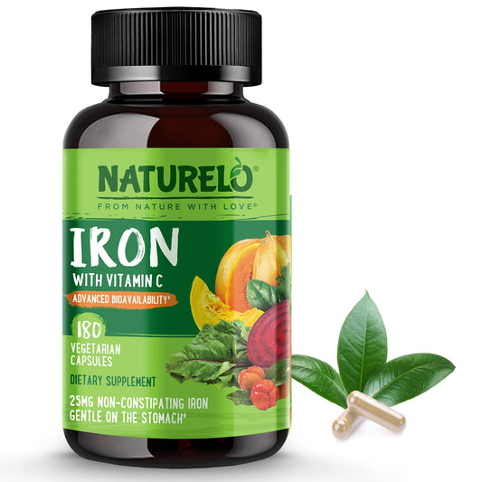 NATURELO Vegan Iron Supplement with Vitamin C and Organic Whole Foods - Gentle Iron Pills for Women & Men with Iron Deficiency Including Pregnancy, Anemia and Vegan Diets - 90 Mini Capsules
