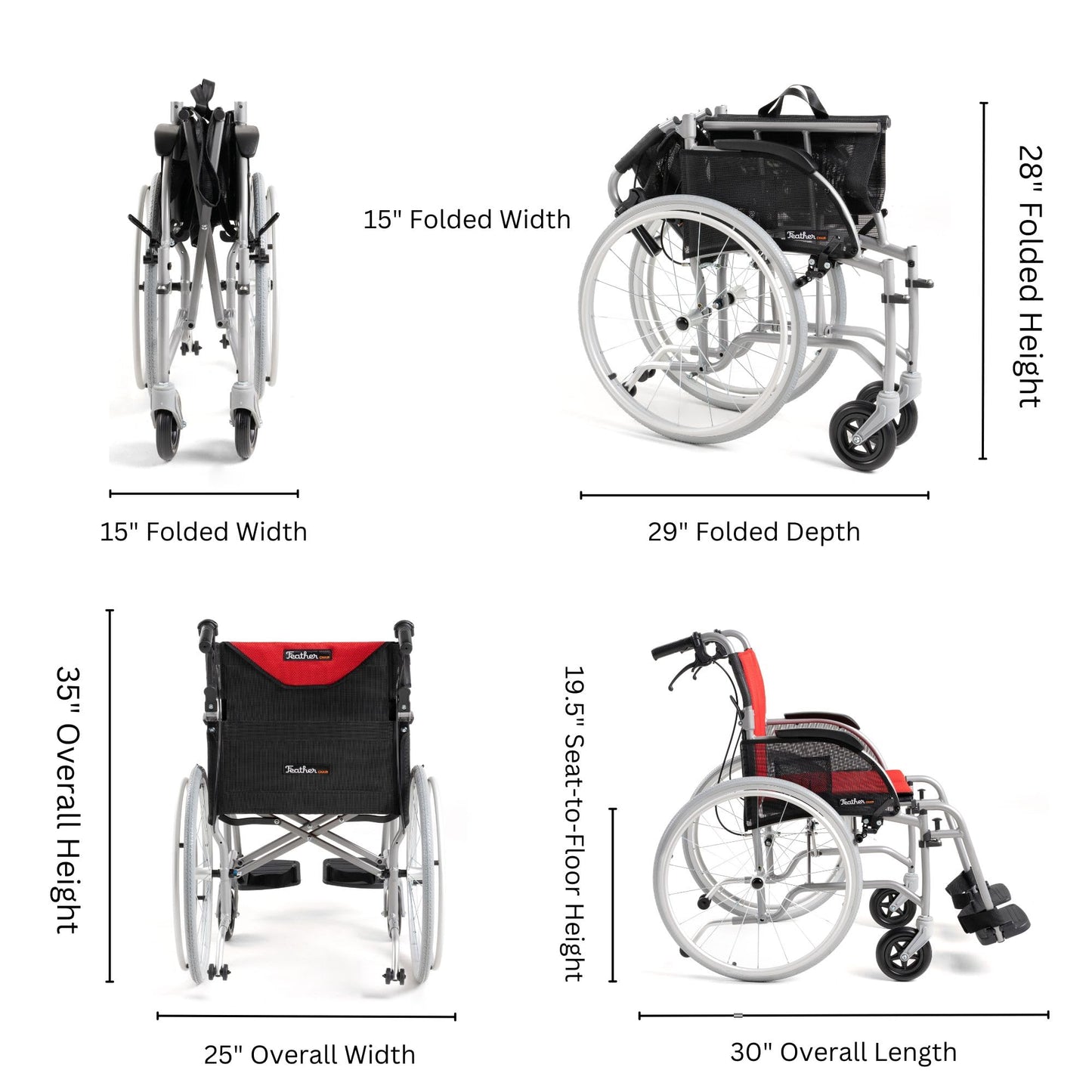 Feather Mobility - Red Cushion 13.5lb Silver Frame Lightweight Folding Wheelchair - Seat Width 18" with Swingaway Legrests, Anti-tippers, and Quick Release Wheels