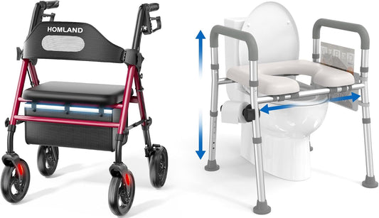 Rollator Walker with Seat and Raised Toilet Seat with Handles