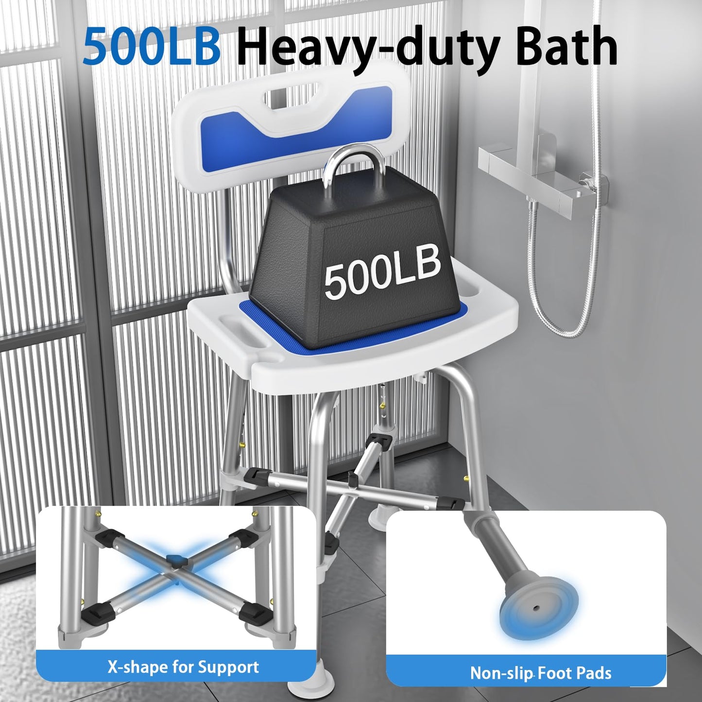 Shower Chair for Seniors Elderly Handicap Disabled Bariatric Adults Or Women with Back Heavy Duty 500 Lbs Adjustable Small Stool Bench Seat for Inside Shower Stall and Bathroom Bath Tub Seats Chairs