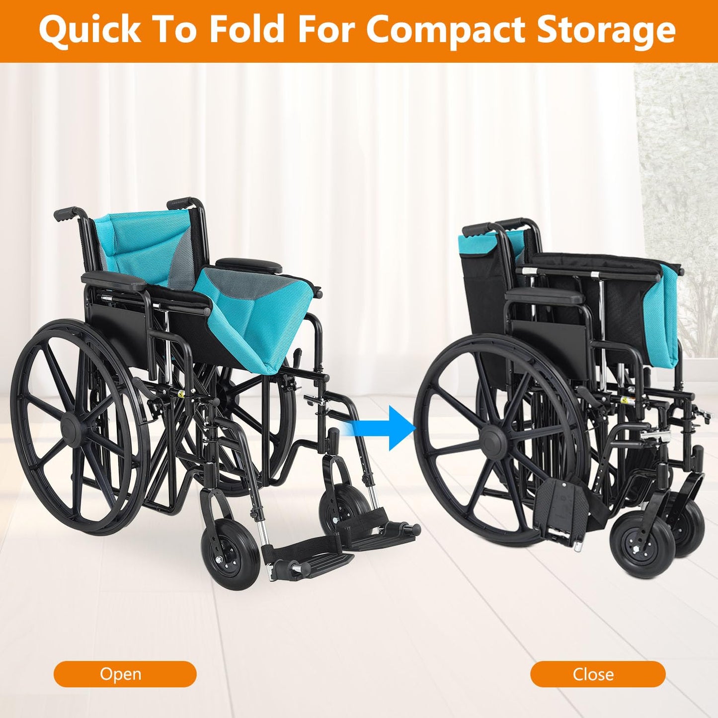 Self-Propelled Wheelchair, Extra Wide Folding Transport Bariatric Wheelhair with Swing-Away Foot Rest and Removable Flip Back Armrests, 24" Wide Seat for Adults Seniors Transfers, 500lbs, Blue