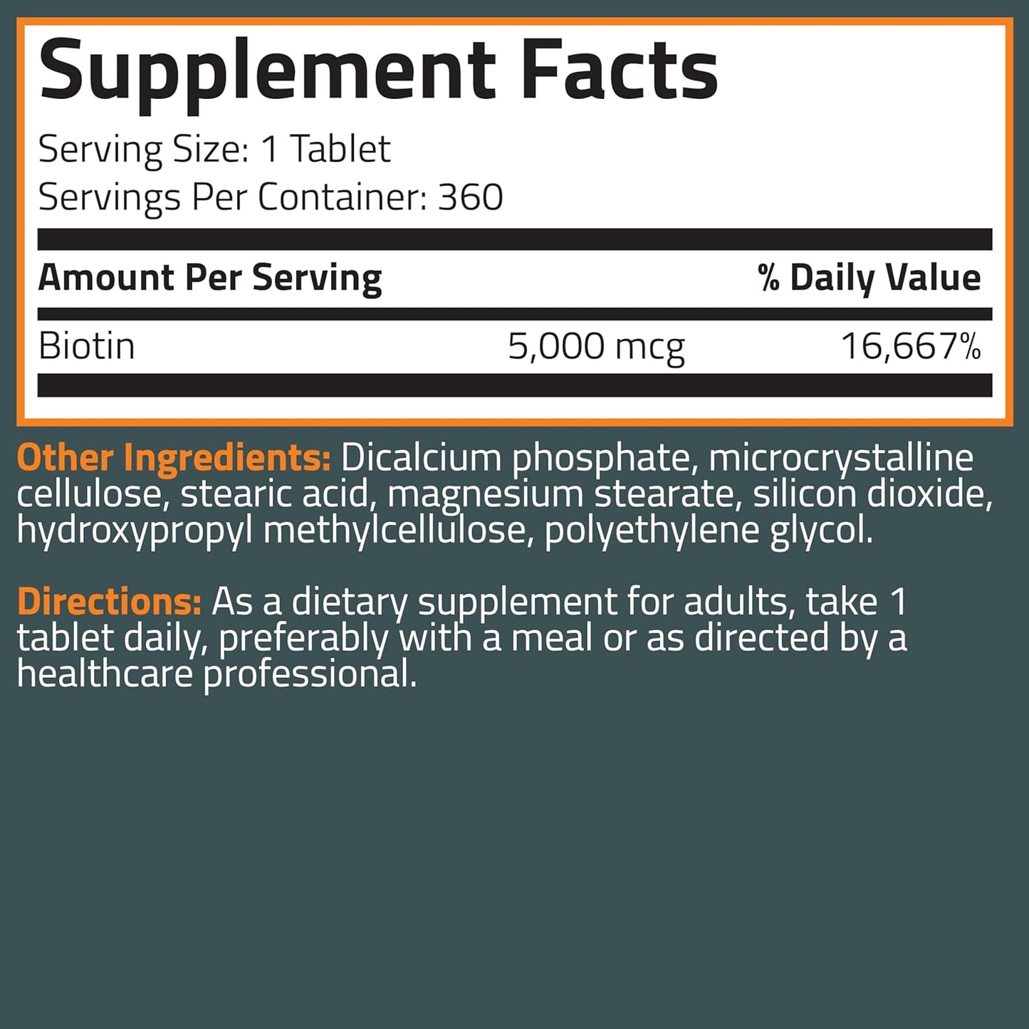 Bronson Biotin 5,000 MCG Supports Healthy Hair, Skin & Nails & Energy Production - High Potency Beauty Support - Non-GMO, 360 Vegetarian Tablets