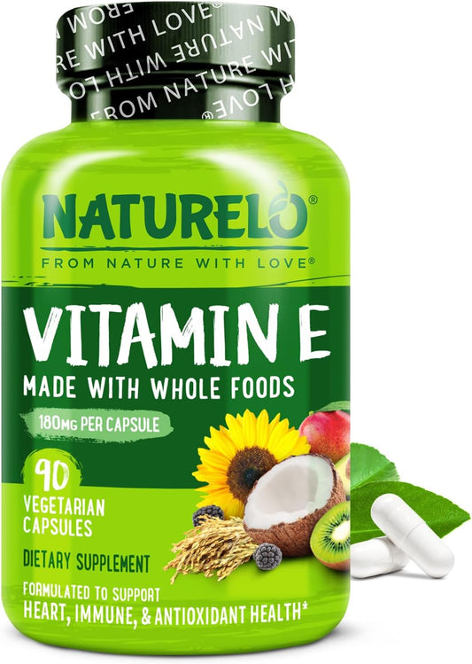 NATURELO Vitamin E - 180 mg (300 IU) of Natural Mixed Tocopherols from Organic Whole Foods - Supplement for Healthy Skin, Hair, Nails, Immune & Eye Health - Non-GMO, Soy Free - 90 Vegan Capsules