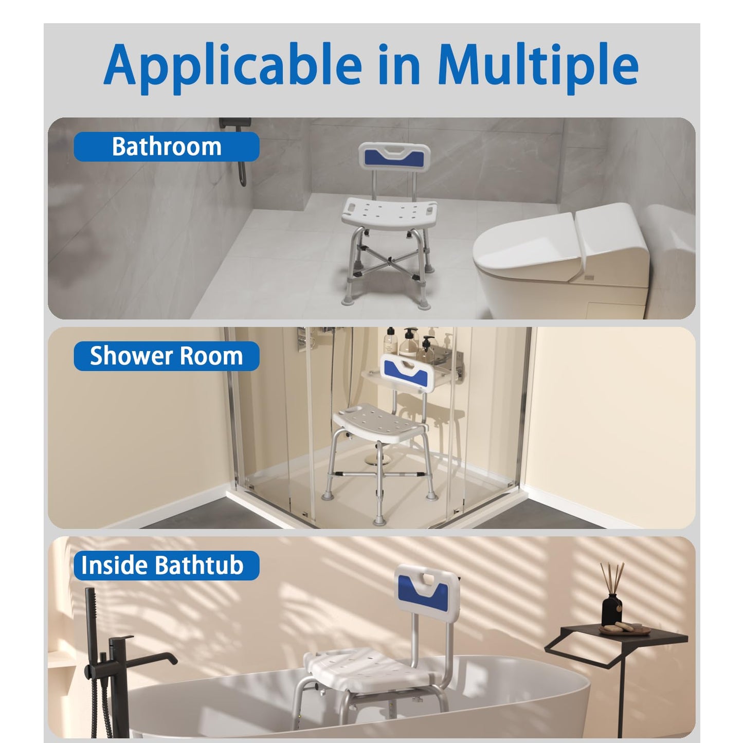 Adjustable Small Stool Shower Chair for Seniors Elderly Handicap Disabled Bariatric Adults Or Women with Back Heavy Duty 500 Lbs Bench Seat for Inside Shower Stall Bathroom Bath Tub Seats Chairs