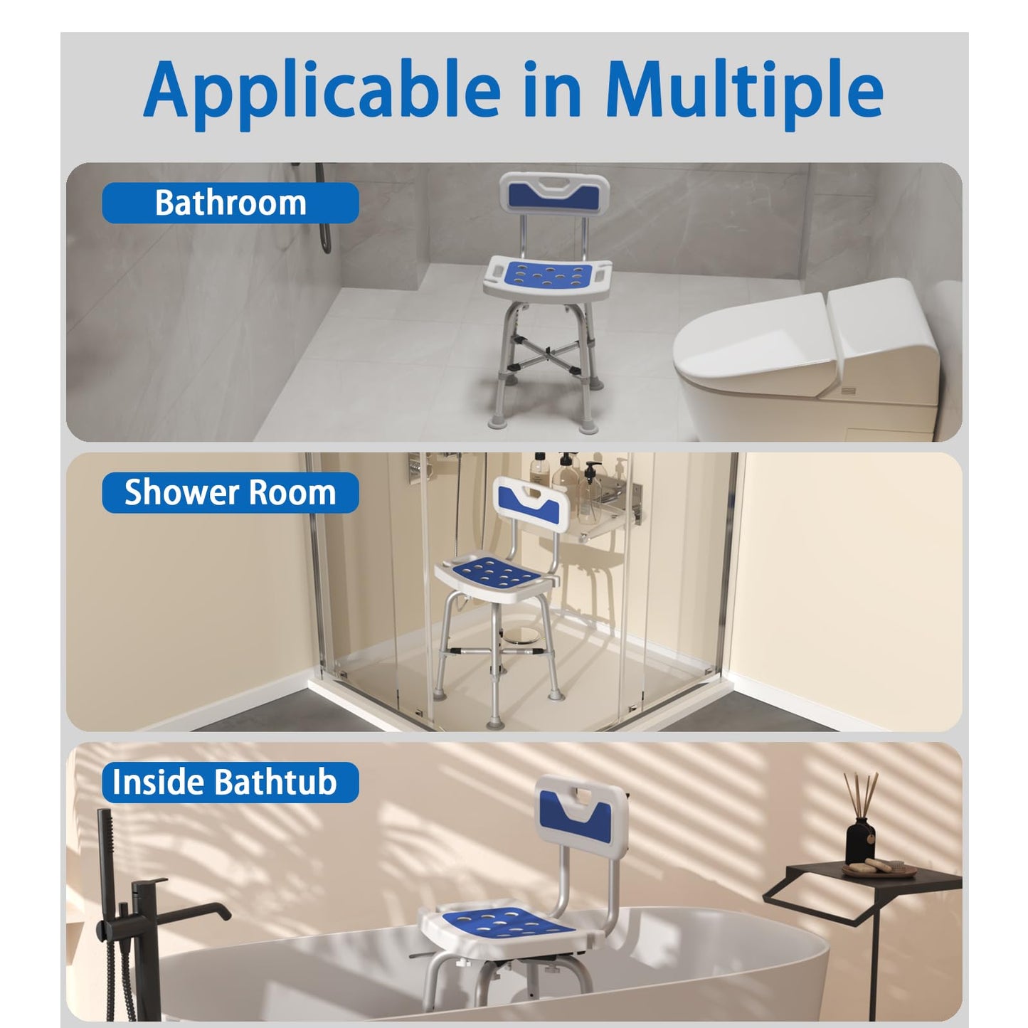 Shower Chair for Seniors Elderly Handicap Disabled Bariatric Adults Or Women with Back Heavy Duty 500 Lbs Adjustable Small Stool Bench Seat for Inside Shower Stall and Bathroom Bath Tub Seats Chairs