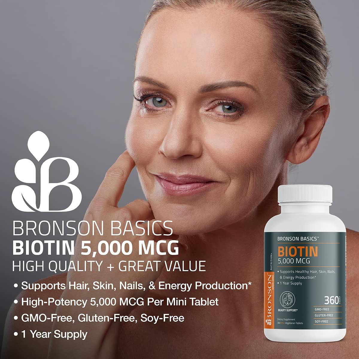 Bronson Biotin 5,000 MCG Supports Healthy Hair, Skin & Nails & Energy Production - High Potency Beauty Support - Non-GMO, 360 Vegetarian Tablets
