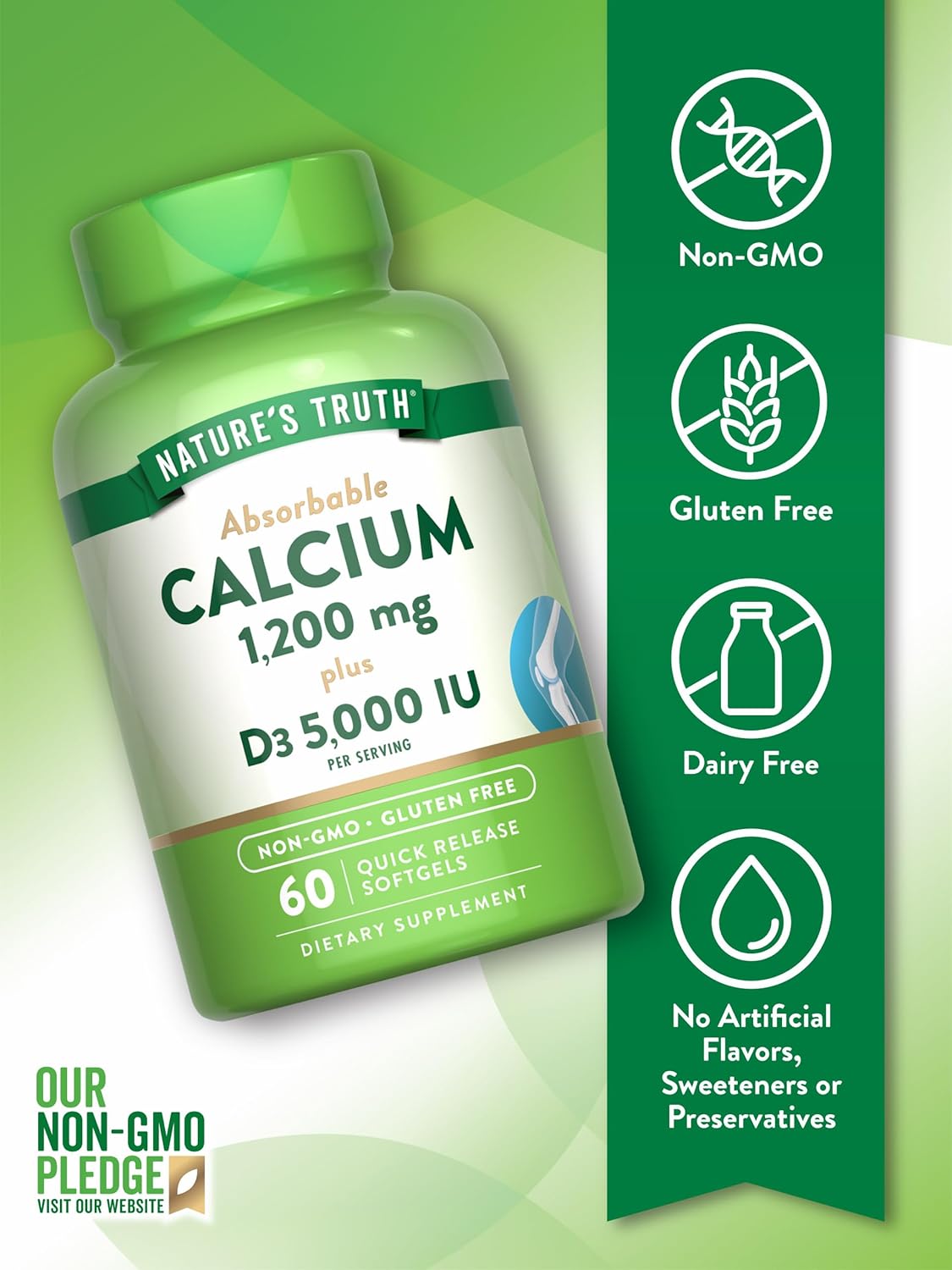 Nature's Truth Calcium 1200mg with Vitamin D3 5000 IU | 60 Softgels | from Calcium Carbonate | Non-GMO & Gluten Free Supplement