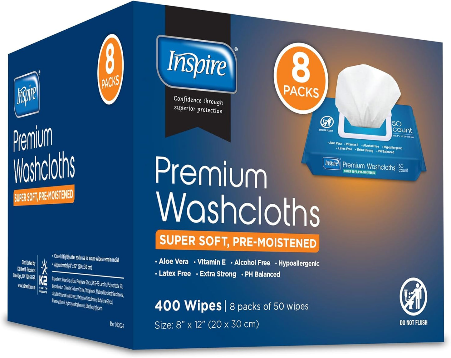 Inspire Adult Wet Wipes, Wash Cloths, Incontinence & Cleansing for Elderly Extra Large, 8"x12" (Pack of 8)