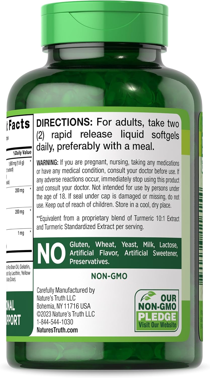 Nature's Truth Turmeric Curcumin Complex | Plus Ginger, Astragalus, & Black Pepper Extract | 200 Rapid Release Softgels | Non-GMO and Gluten Free Supplement