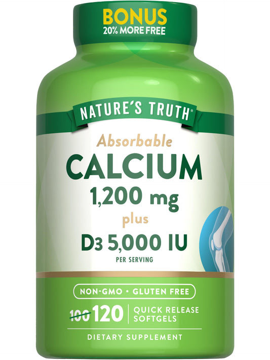 Nature's Truth Absorbable Calcium 1200 mg with Vitamin D3 5000 IU | 120 Softgels | Calcium Carbonate | Non-GMO & Gluten Free Supplement