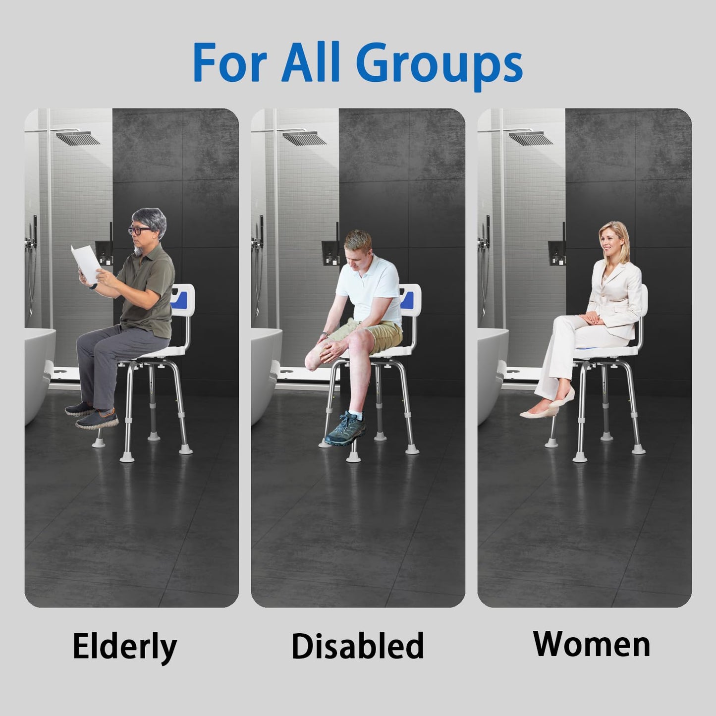 Adjustable Small Stool Shower Chair for Seniors Elderly Handicap Disabled Bariatric Adults Or Women with Back Heavy Duty 500 Lbs Bench Seat for Inside Shower Stall Bathroom Bath Tub Seats Chairs