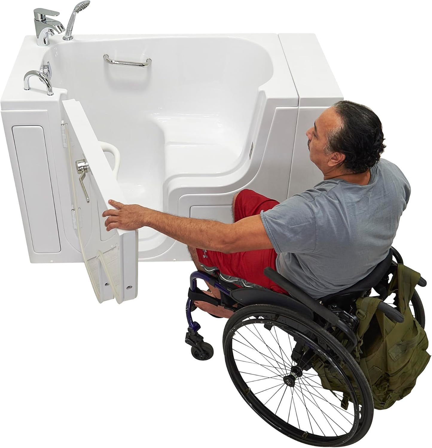 Ella Wheelchair Transfer 26"x52" Acrylic Soaking Walk-In-Bathtub, Left Outward Swing Door, Heated Seat, 2 Piece Fast Fill Faucet, 2" Dual Drain