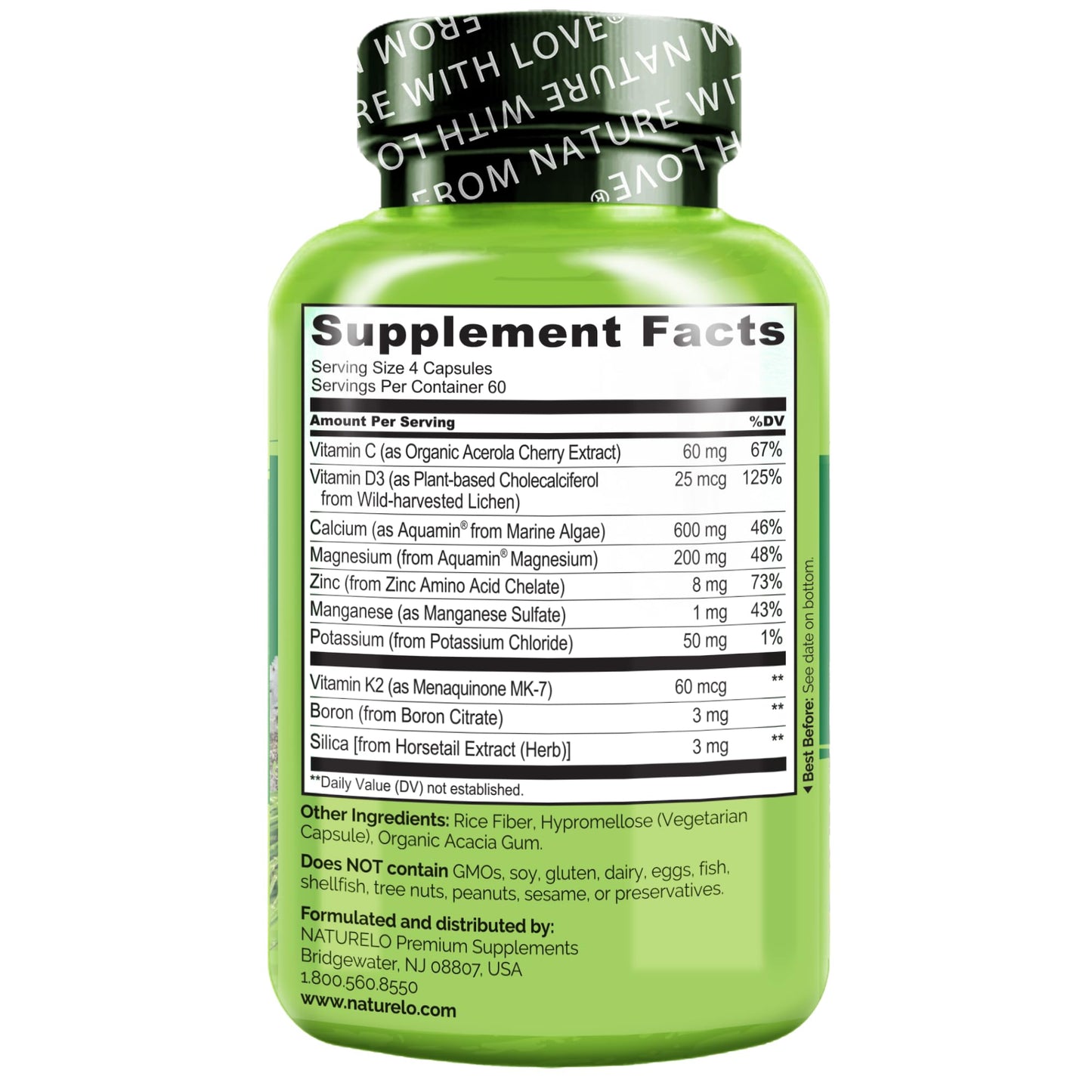 NATURELO Calcium Supplement - with Vitamin C, Vitamin D3, K2, and Calcium Magnesium Zinc for Bone Strength with Calcium 600mg - Plant-Based, 120 Vegetarian Capsules, Non-GMO, Soy & Gluten-Free