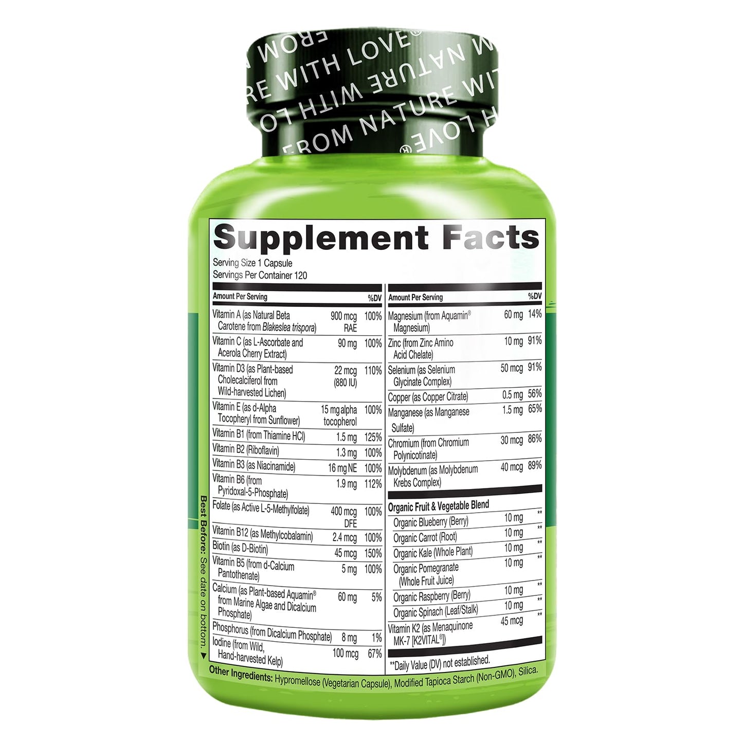 NATURELO One Daily Multivitamin for Women 50+ (Iron Free) - Menopause Support for Women Over 50 - Whole Food Supplement - Non-GMO - No Soy - 60 Capsules - 2 Month Supply