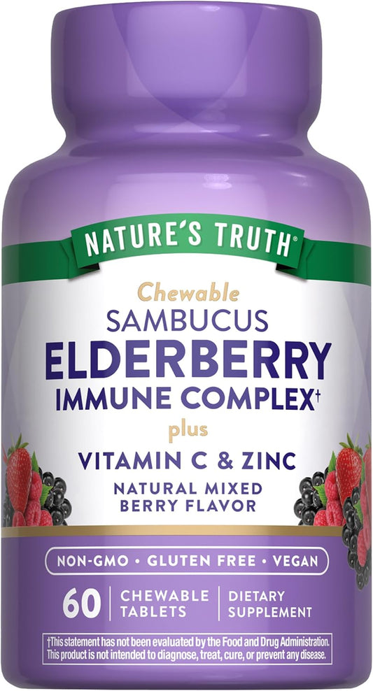 Nature's Truth Elderberry Immune Complex | 60 Chewable Tablets | Plus Vitamin C & Zinc | Mixed Berry | Vegan, Non-GMO, & Gluten Free Supplement