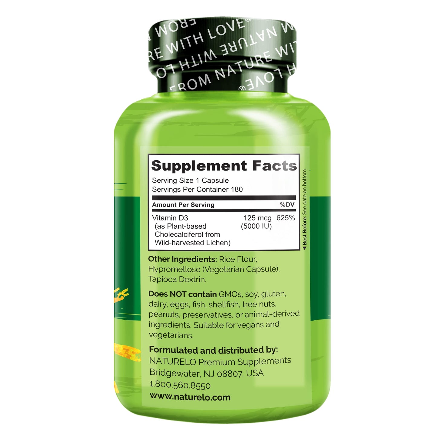 NATURELO Vitamin D - 5000 IU - Plant Based from Lichen - Natural D3 Supplement for Immune System, Bone Support, Joint Health - High Potency - Vegan - Non-GMO - Gluten Free - 180 Capsules