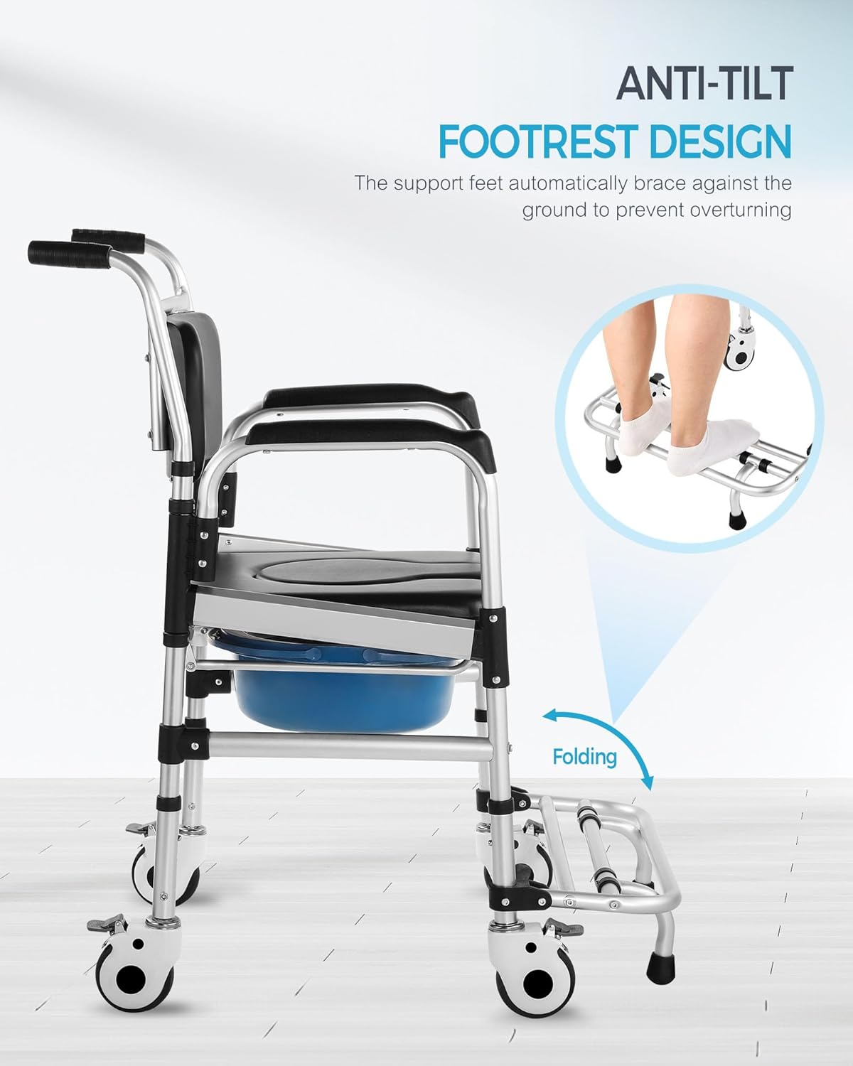 Enlarged Rolling Shower Chair – 4-in-1 Bariatric Commode Chair for Elderly & Post-Op Recovery