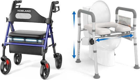 Rollator Walker with Seat and Raised Toilet Seat with Handles