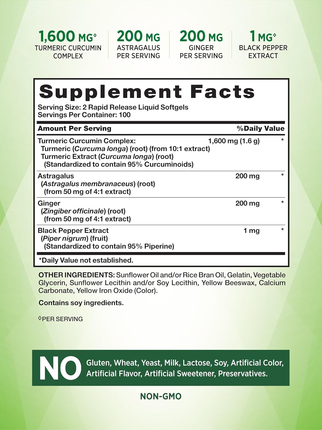Nature's Truth Turmeric Curcumin Complex | Plus Ginger, Astragalus, & Black Pepper Extract | 200 Rapid Release Softgels | Non-GMO and Gluten Free Supplement