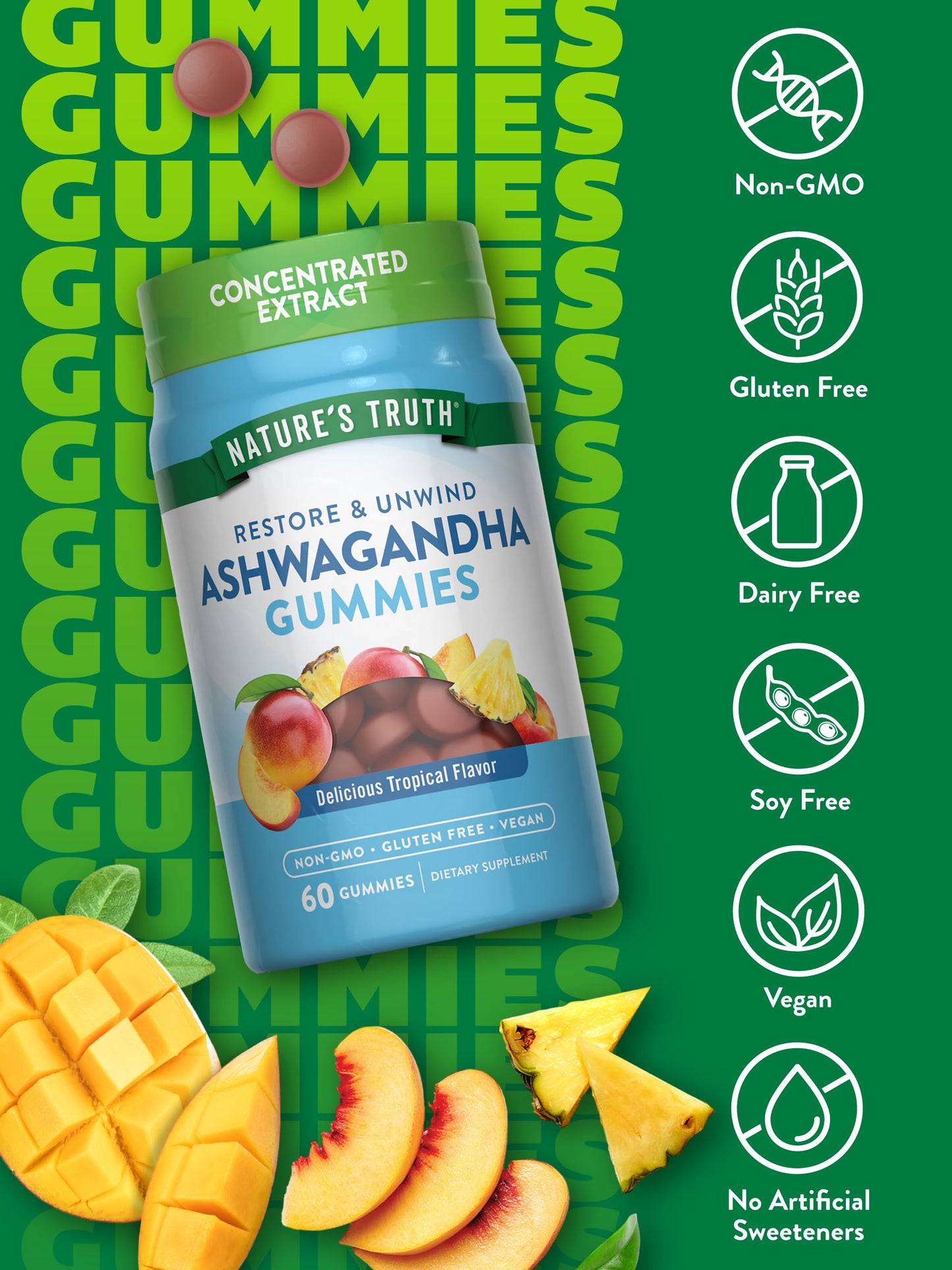 Nature's Truth Ashwagandha Gummies | 60 Count | Tropical Flavor | Vegan, Non-GMO, & Gluten Free Supplement